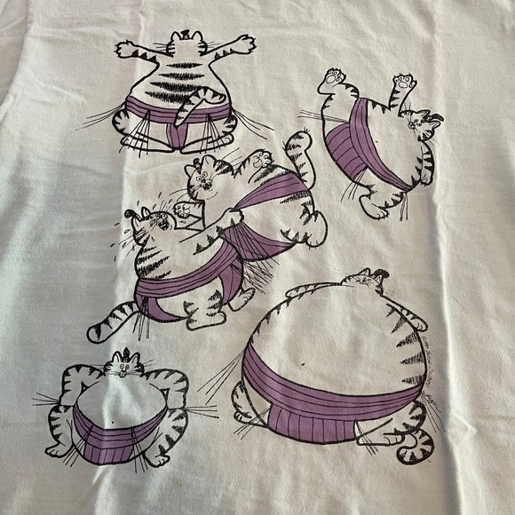 Vintage Sumo Wrestler Cats Single Stitch Tee Shirt Womens Small Blue Funny 80s - Picture 2 of 13